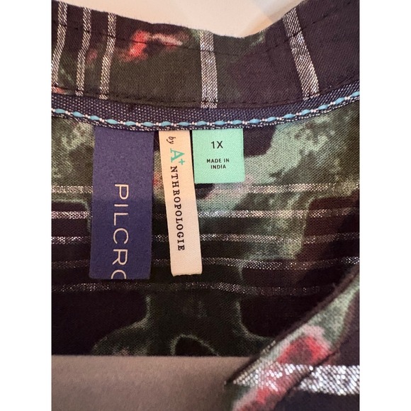 Pilcro by Anthropologie 1X Black Floral Button Up Top with Silver Thread & Ruffl - Picture 3 of 3